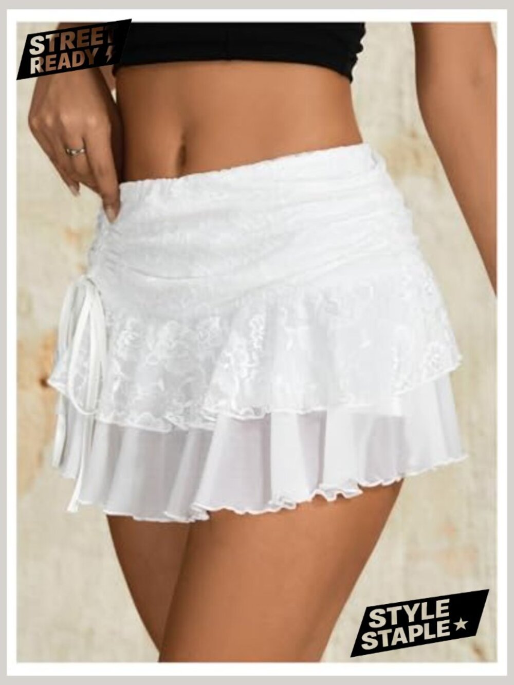 Y2k Lace Ruffle Mini Skirt High Waist Layered Skort Boho Outfits - Picture 3 of 5